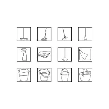 Set of cleaning tools. Black and white vector line icons. Stock Illustration