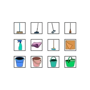 Set of cleaning tools. Vector line icons on white background. Stock Illustration