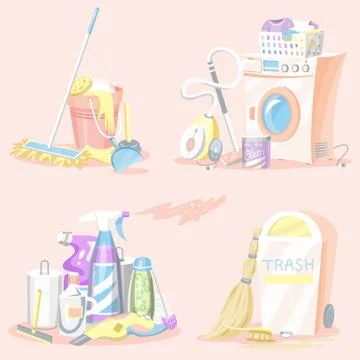 Set of Cleaning tools. Washing machine, Detergents Cleanser, Water bucket for Stock Illustration