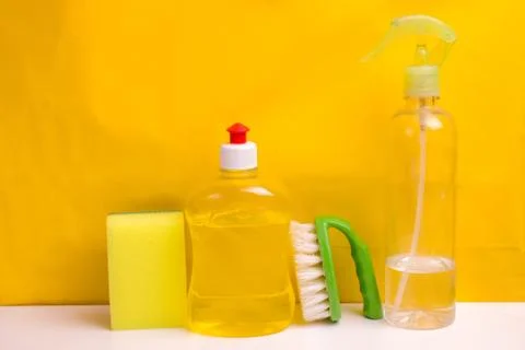 Set for cleaning various surfaces in the kitchen, bathroom and other areas. I Stock Photos
