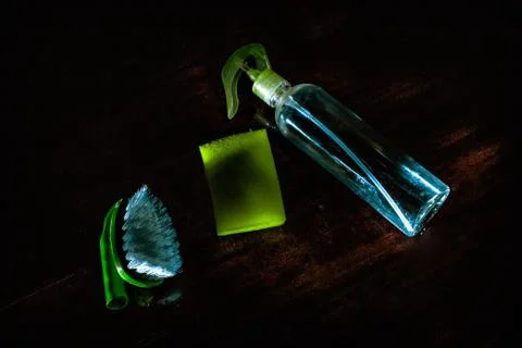 Set for cleaning various surfaces in the kitchen, bathroom and other areas. Stock Photos