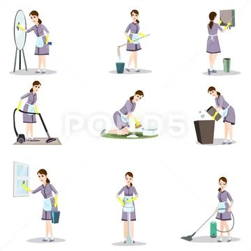 Set of cleaning woman in different poses and home situations Stock Illustration