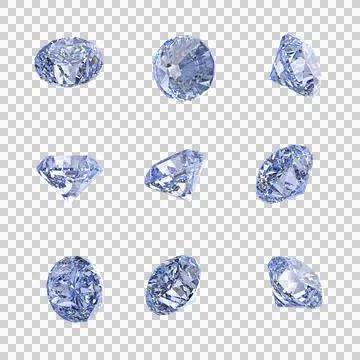 Set of clear diamonds on transparent background. Refraction, dispersion. png Stock Illustration