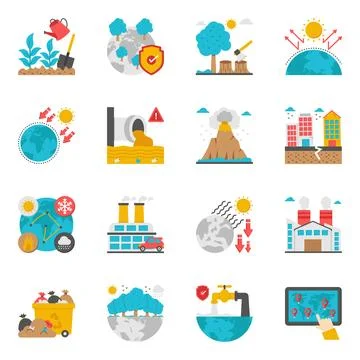 Set of Climate and Pollution Flat Icons Stock Illustration
