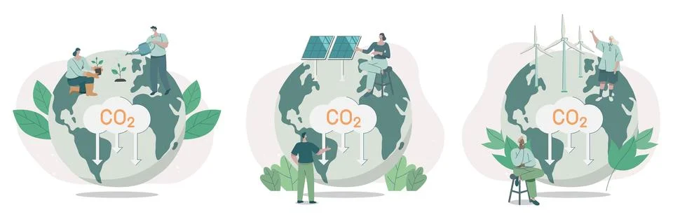 Set of climate change problem concepts. People care about the ecology and t.. Иллюстрация