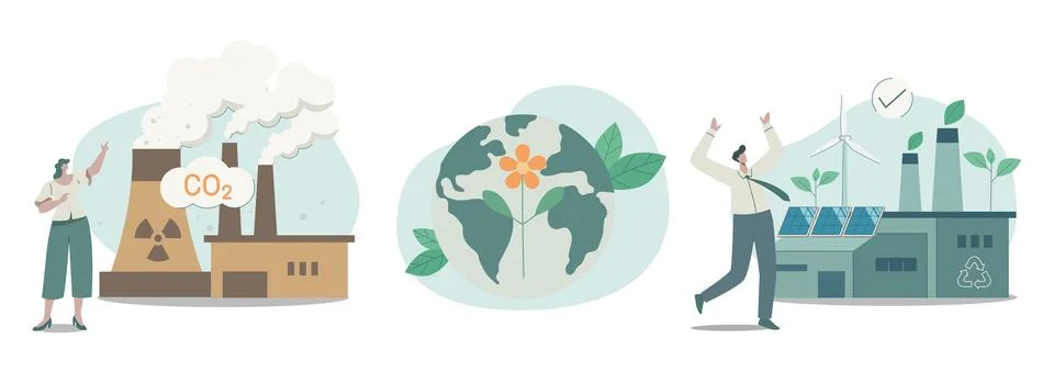 Set of climate change problem concepts. Power plant emission pollution CO2 .. 库存插图