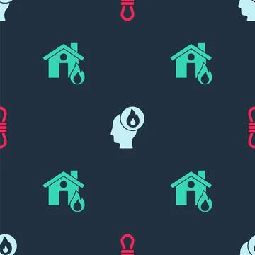 Set Climber rope, Firefighter and in burning house on seamless pattern. Vector 스톡 일러스트