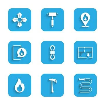 Set Climber rope, Firefighter axe, hose reel, Evacuation plan, flame, Phone with Illustration