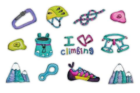 Set of climbing device. Things for fan of rock climbing. Stock Illustration