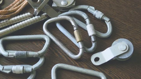 A set of climbing equipment complete on the table Video stock 73578155
