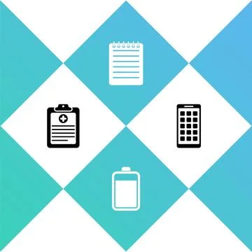 Set Clinical record, Battery, Notebook and Mobile Apps icon. Vector Stock Illustration