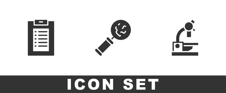 Set Clinical record, Microorganisms under magnifier and Microscope icon. Vector イラスト素材