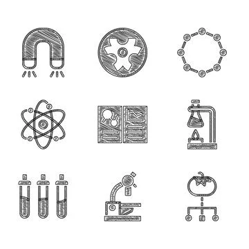 Set Clinical record, Microscope, Genetically modified food, Test tube flask on 스톡 일러스트
