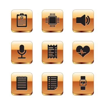 Set Clinical record, Notebook, Document, Paper financial check, Microphone and Stock Illustration