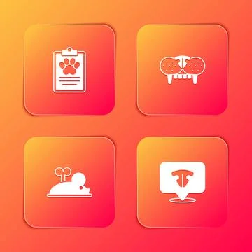 Set Clinical record pet, Cat tooth, Clockwork mouse and nose icon. Vector Ilustração Stock