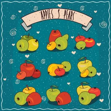 Set of clip art of groups of apples and pears Stock Illustration