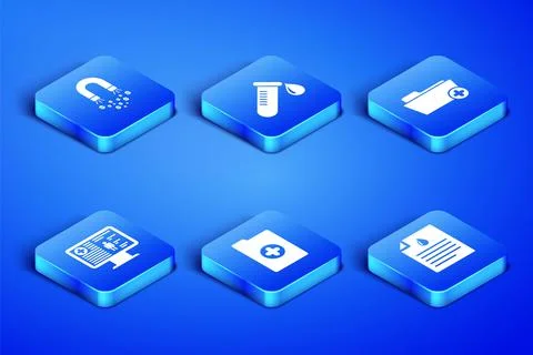Set Clipboard with blood test, Magnet money, Clinical record, monitor, Test t Stock Illustration