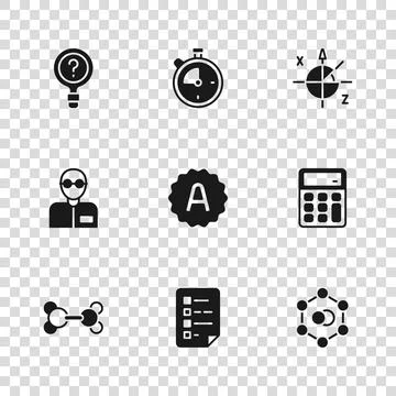 Set Clipboard with checklist, Calculator, Molecule, Exam sheet A plus grade.. Stock Illustration
