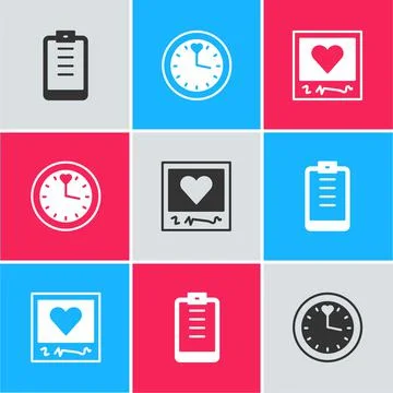 Set Clipboard with checklist, Clock and Photo frames and hearts icon. Vector Illustrazione stock