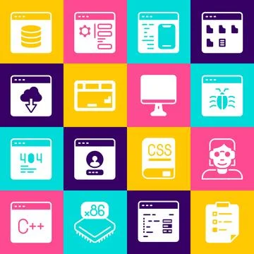 Set Clipboard with checklist, Hacker or coder, System bug, Software, Keyboa.. Stock Illustration
