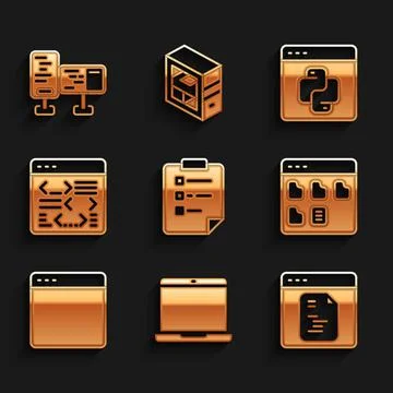 Set Clipboard with checklist, Laptop, Software, Browser files, window, Python Stock Illustration