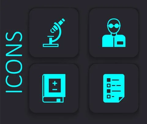 Set Clipboard with checklist, Microscope, Teacher and Book mathematics icon Illustrazione stock