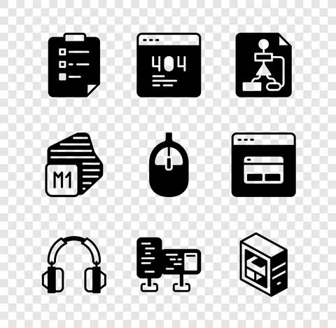 Set Clipboard with checklist, Page 404 error, Flowchart, Headphones, Computer Stock Illustration