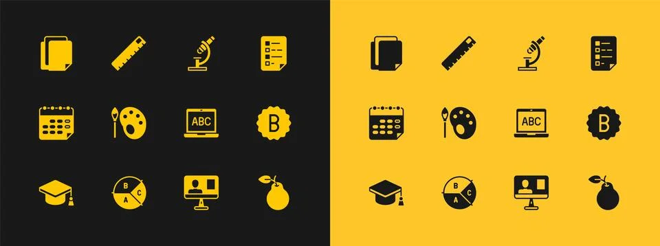 Set Clipboard with checklist, Pie chart infographic, Laptop, Online class, .. Illustrazione stock