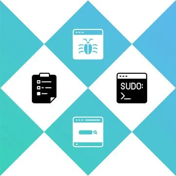 Set Clipboard with checklist, Search engine, System bug and Code terminal icon Stock Illustration