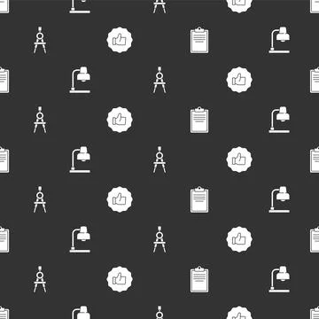 Set Clipboard with checklist, Table lamp, Drawing compass and Hand thumb up on Stock Illustration
