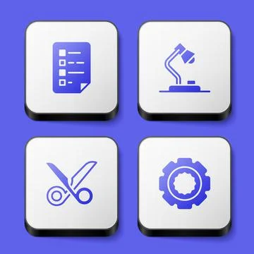 Set Clipboard with checklist, Table lamp, Scissors and Gear icon. White square Illustrazione stock
