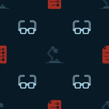 Set Clipboard with checklist, Table lamp and Glasses on seamless pattern. Vector Illustrazione stock