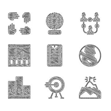 Set Clipboard with checklist, Target arrow, Mountains flag, Earth globe, Aw.. Stock Illustration