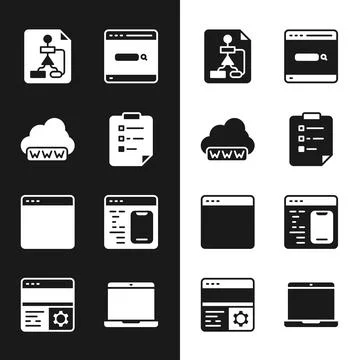 Set Clipboard with checklist, Web development, Flowchart, Search engine, Br.. 스톡 일러스트