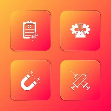 Set Clipboard with DNA analysis, Bioengineering, Magnet lightning and Crossed Stock Illustration