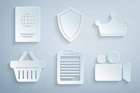 Set Clipboard with document, Crown, Shopping basket, Movie or Video camera,.. Stock Illustration