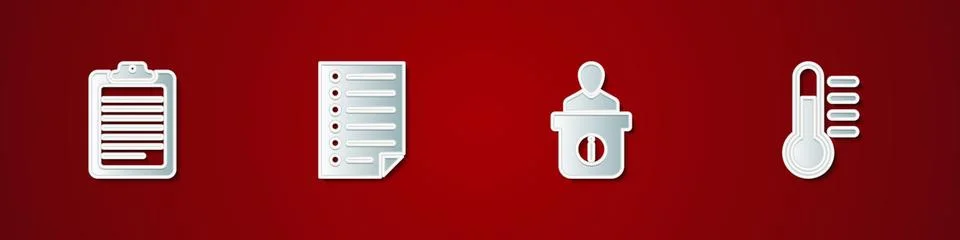 Set Clipboard with document, Document, Information desk and Thermometer icon. Stock Illustration