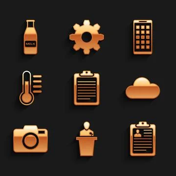 Set Clipboard with document, Speaker, resume, Cloud, Photo camera and Stock Illustration