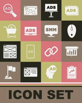 Set Clipboard with graph chart, Board, Computer mouse, Advertising, Shopping Stock Illustration