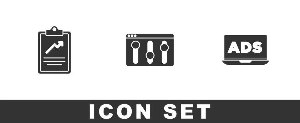 Set Clipboard with graph chart, Browser setting and Advertising icon. Vector Stock Illustration