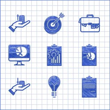 Set Clipboard with graph chart, Light bulb concept of idea, Document, Money.. Stock Illustration