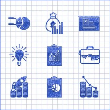 Set Clipboard with graph chart, Pie infographic and coin, Briefcase money Illustrazione stock