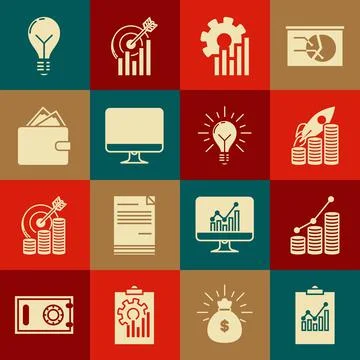 Set Clipboard with graph chart, Rocket flying up on coins growth, Computer Stock Illustration