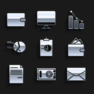 Set Clipboard with graph chart, Safe, Envelope, Wallet stacks paper money cash 스톡 일러스트