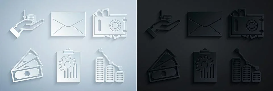 Set Clipboard with graph chart, Safe and money, Stacks paper cash, Pie 스톡 일러스트