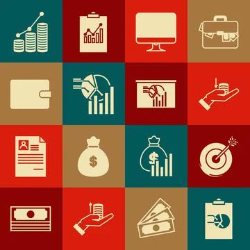 Set Clipboard with graph chart, Target, Money on hand, Computer monitor screen Illustrazione stock