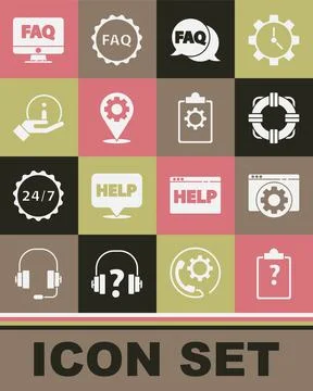 Set Clipboard with question marks, Browser setting, Lifebuoy, Speech bubble FAQ Stock Illustration