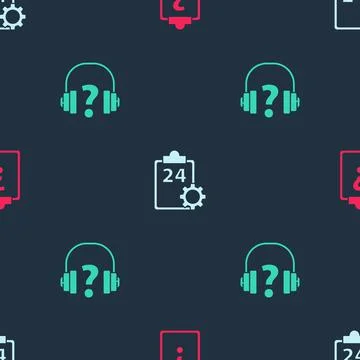 Set Clipboard with question marks, Checklist 24 hours service and Headphones on Stock Illustration