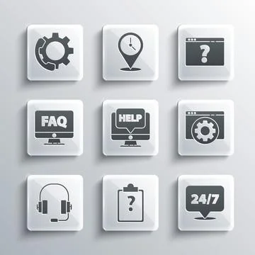 Set Clipboard with question marks, Clock 24 hours, Browser setting, Computer Stock Illustration