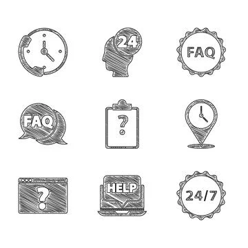 Set Clipboard with question marks, Laptop and help, Clock 24 hours, Location Stock Illustration